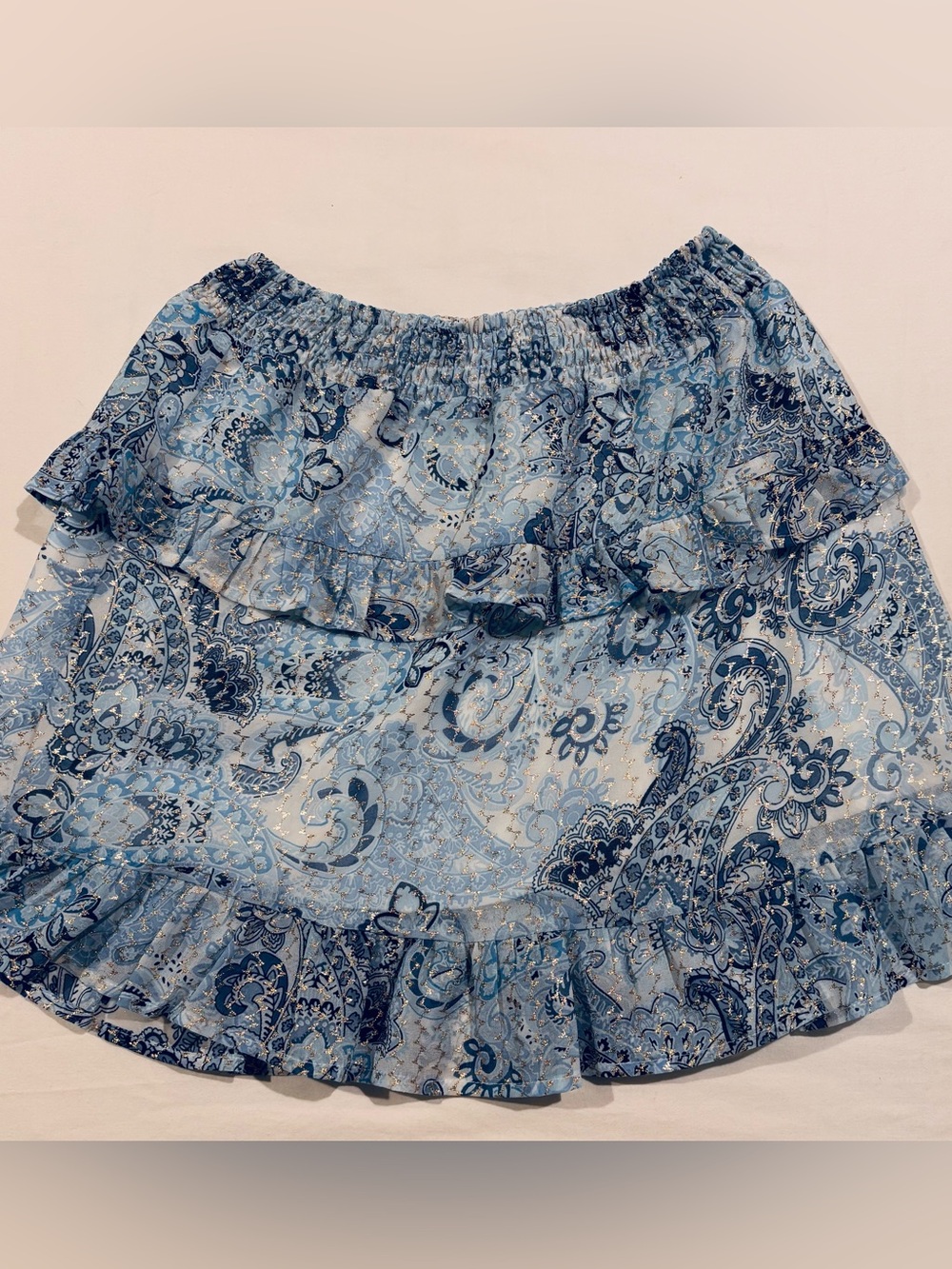 Altar'd State Blue & White Paisley Ruffle Mini Skirt with Gold Detail